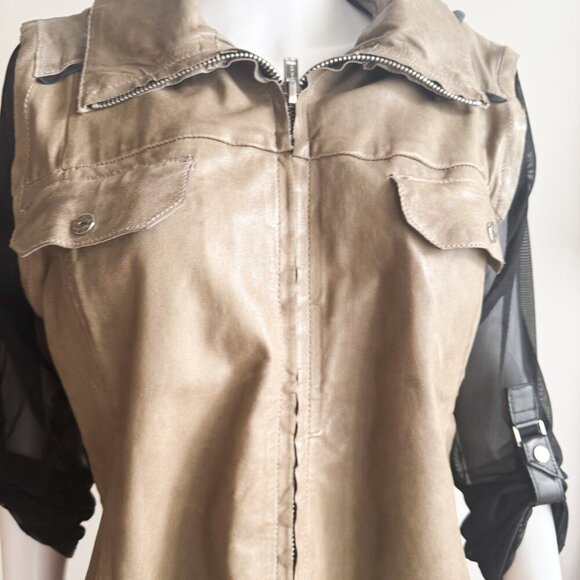 Lamarque  Collection Unique Leather Sheer Sleeve Beige Black Jacket - Picture 3 of 7